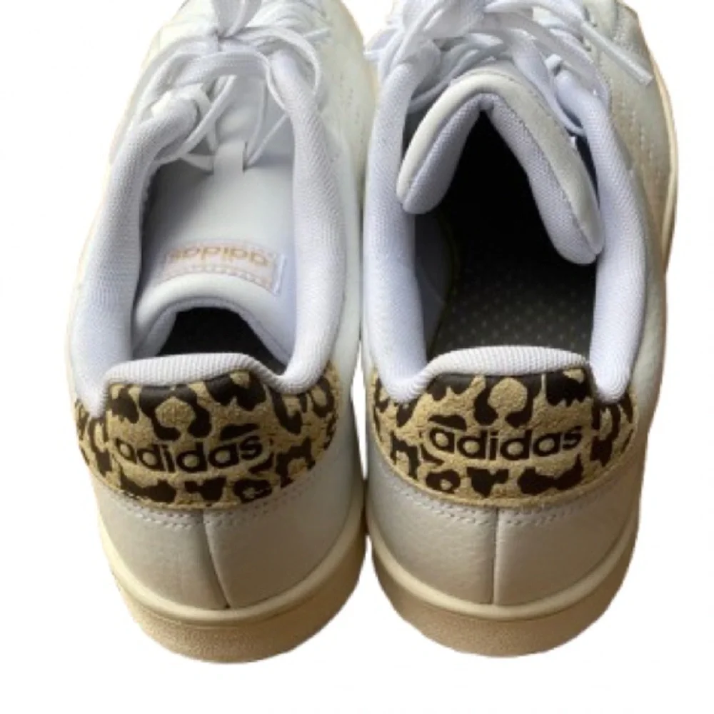 Adidas White Sneakers w/ Cheetah Print Heel & Cloudfoam Comfort Women’s 11